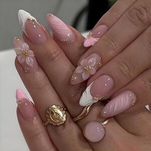 3D Embossed Flower & Gold Bead Press On Nails